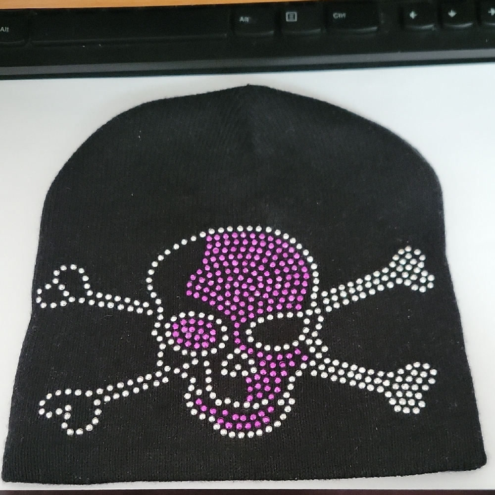 Black Beanie with Pink & Silver Rhinestone Skull